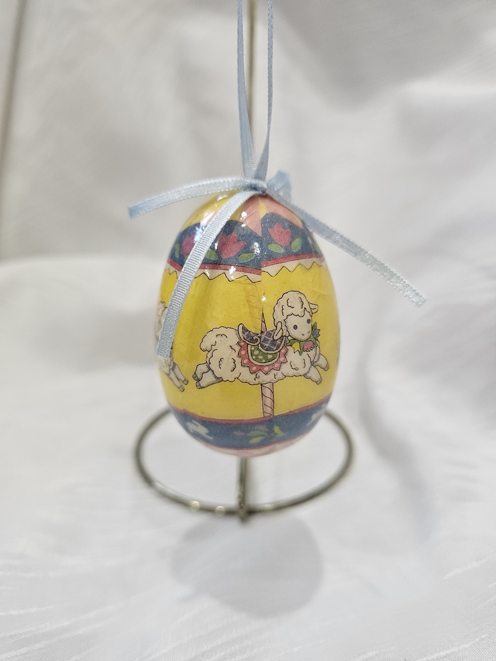 Vintage Paper Mache Yellow Lamb Carousel Hanging Easter Egg